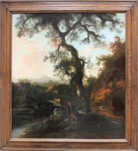 Italienische Landschaft Mit Figurenstaffage An Flusslauf by Lodewyck van Ludick
