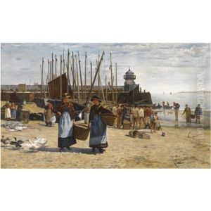 A Fish Sale On A Cornish Beach by Albert Ludovici Jr.