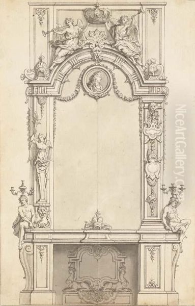 A Design For A Fireplace Below A Mirror Decorated With A Medallionof King Louis Xiv And Two Allegories Of Fortune Holding The Royalcrown Over Two Trophies; The Mirror Flanked With Alternativedesigns Of Candelabra Held By Nudes, The Sides With Trophies And - view 1