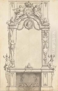 A Design For A Fireplace Below A Mirror Decorated With A Medallionof King Louis Xiv And Two Allegories Of Fortune Holding The Royalcrown Over Two Trophies; The Mirror Flanked With Alternativedesigns Of Candelabra Held By Nudes, The Sides With Trophies And by Jean I Berain