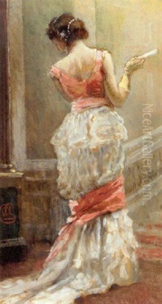 Portrait Of A Lady In A White Dress, Holding A Fan, By A Staircase - view 1