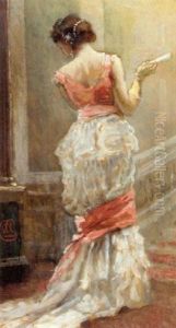 Portrait Of A Lady In A White Dress, Holding A Fan, By A Staircase