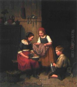 Kinder Spielen Mit Katzen In Einer Kuche by Auguste Ludwig