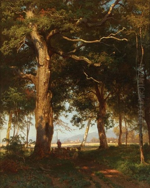 Wooded Landscape With Shepherd And Distant Mountains - view 1
