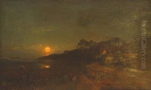 Abendstimmung Am Seeufer Mit Lichtspiel Der Abendsonne Auf Dem Wasser by Carl Julius E. Ludwig
