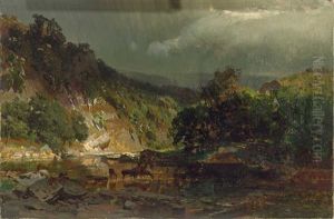 Voralpenlandschaft Mit Malerischem Flusslauf Und Rehen An Der Tranke by Carl Julius E. Ludwig