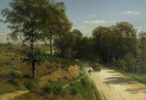 Sommerliche Heidelandschaft Mit Zweispanner Auf Einer Sandstrasse Sommerliche Heidelandschaft Mit Zweispanner Auf Einer Sandstrasse