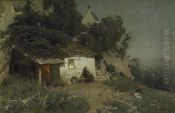 Alter Monch Im Mondschein Vor Seiner Hutte Sitzend - view 1