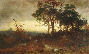 Landschaft Im Abendlicht Mit Reitern Und Hunengrab by Carl Julius E. Ludwig