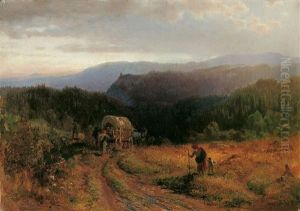 Mittelgebirgslandschaft Mit Einem Pferdefuhrwerk. Gewitterstimmung Mittelgebirgslandschaft Mit Einem Pferdefuhrwerk. Gewitterstimmung