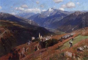 A Summer's Day In The Mountains With Figures Reeping Hay