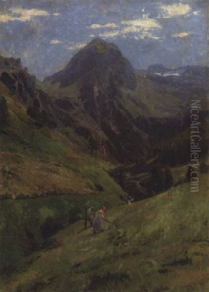 Bauernpaar Bei Der Heuernte Im Hochgebirgstal - view 1