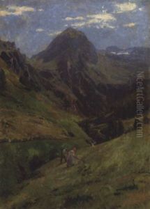 Bauernpaar Bei Der Heuernte Im Hochgebirgstal by Carl Julius E. Ludwig