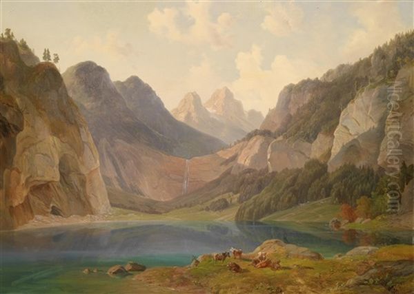 Gebirgslandschaft Mit Ruhender Tierherde Im Vordergrund - view 1