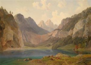 Gebirgslandschaft Mit Ruhender Tierherde Im Vordergrund