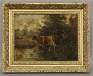 Cows In A Wooded Landscape by Frederick Von Luerzer