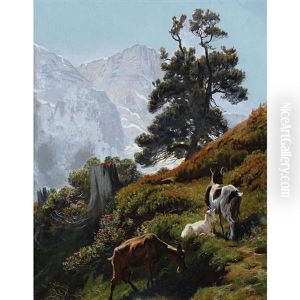Sommerliche Alp Mit Ziegen by Albert Lugardon