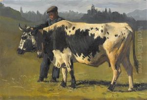 Bauer Mit Kuh Auf Der Weide by Albert Lugardon