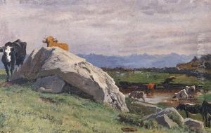Troupeau De Vaches Pres D'un Lac De Montagne by Albert Lugardon