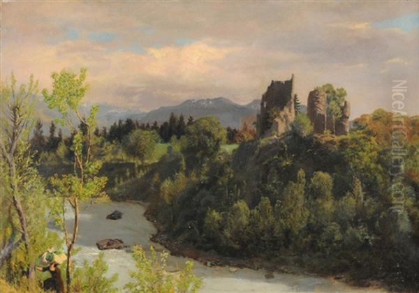 Felsige, Baumbestandene Flusslandschaft Mit Burgruine - view 1