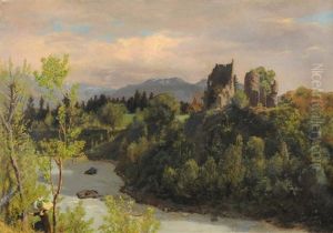 Felsige, Baumbestandene Flusslandschaft Mit Burgruine by Albert Lugardon