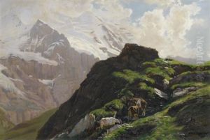 Bergziegen Mit Der Jungfrau Im Hintergrund by Albert Lugardon