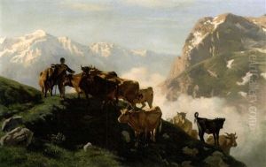 Kuhherde Mit Senner Aud Der Alm