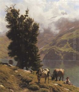 Paysage De Montagne Avec Vaches Et Personnage Au Bord Du Lac by Albert Lugardon