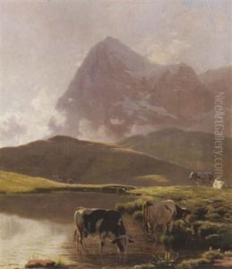 Paysage De Montagne Avec Vaches Et Lac by Albert Lugardon