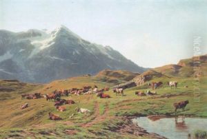 Sommerliche Alp Mit Weidenden Kuhen Im Berner Oberland by Albert Lugardon