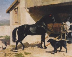 Rappe Und Hofhund Vor Dem Stall