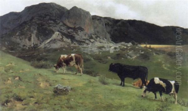 Gebirgslandschaft Mit Weidenden Kuhen Am Abend - view 1