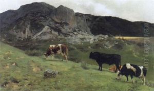 Gebirgslandschaft Mit Weidenden Kuhen Am Abend Gebirgslandschaft Mit Weidenden Kuhen Am Abend