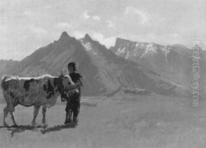 Greyerzer Hirte Mit Kuh Vor Dem Dent De Broc by Albert Lugardon