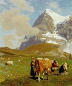 Strickendes Madchen Mit Kuhen Auf Der Kleinen Scheidegg Mit Blick Auf Den Eiger Strickendes Madchen Mit Kuhen Auf Der Kleinen Scheidegg Mit Blick Auf Den Eiger