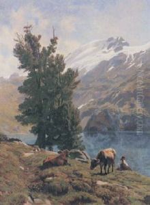 Alpenseepanorama Mit Hirtin Und Zwei Kuhen by Albert Lugardon