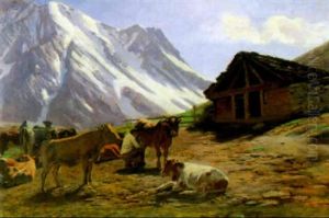 Berglandschaft Mit Kuhen Und Senn by Albert Lugardon