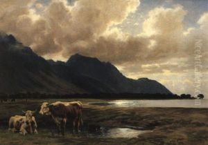 Uferlandschaft Mit Kuhen Auf Der Weide by Albert Lugardon