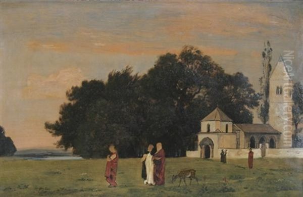 Die Kapelle. Monche Und Nonnen Vor Einer Von Baumen Umgebenen Kapelle Im Gesprach - view 1