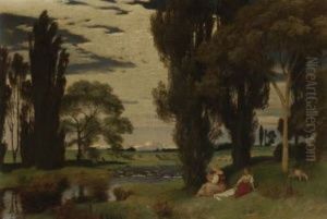Sommerliche Bachlandschaft Mit Lagernden Jungen Frauen Sommerliche Bachlandschaft Mit Lagernden Jungen Frauen