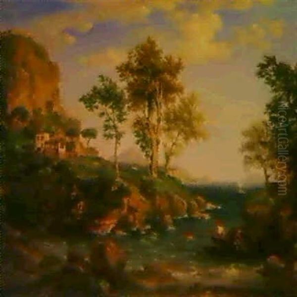 Italienische Kustenlandschaft Mit Fischern Im Nachen Und    Wascherinnen Am Ufer Vorn - view 1