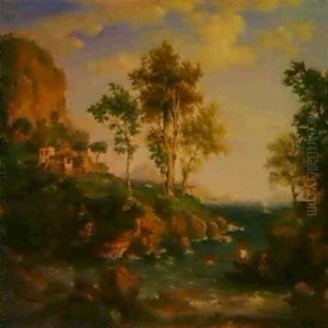Italienische Kustenlandschaft Mit Fischern Im Nachen Und Wascherinnen Am Ufer Vorn by Emil Lugo