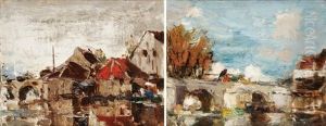 Le Pont De Moret Sur Loing (+ Le Vieux Moulin De Moret Sur Loing; Pair) by Ferdinand-Jean Luigini