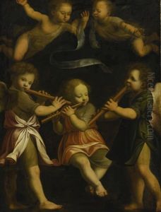 Three Flute Playing Angels With Two Putti In Flight Above