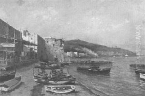 Coastal Village View With Figures On The Beach by Enrico De Luise