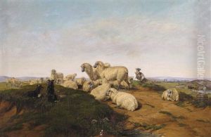 A Shepherd With His Flock And Two Dogs A Shepherd With His Flock And Two Dogs