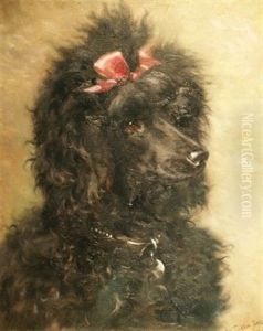 Portrait Of A Black Poodle With A Pink Bow by William Snr Luker