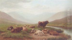 Highland Cattle Resting In A Mountainous Landscape by William Snr Luker
