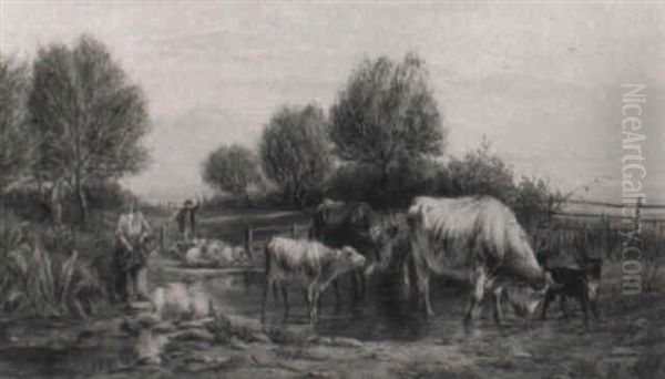 Cattle And Sheep Crossing A Ford On A Summer's Day - view 1