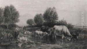 Cattle And Sheep Crossing A Ford On A Summer's Day by William Snr Luker